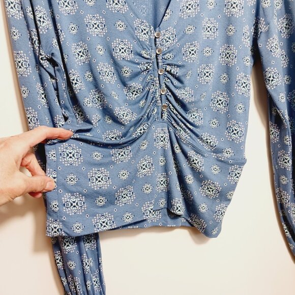 Free People, Medium Blue Top, Boho Chic, Retro Styled, Deep V Neck, Long Sleeve - Picture 5 of 16